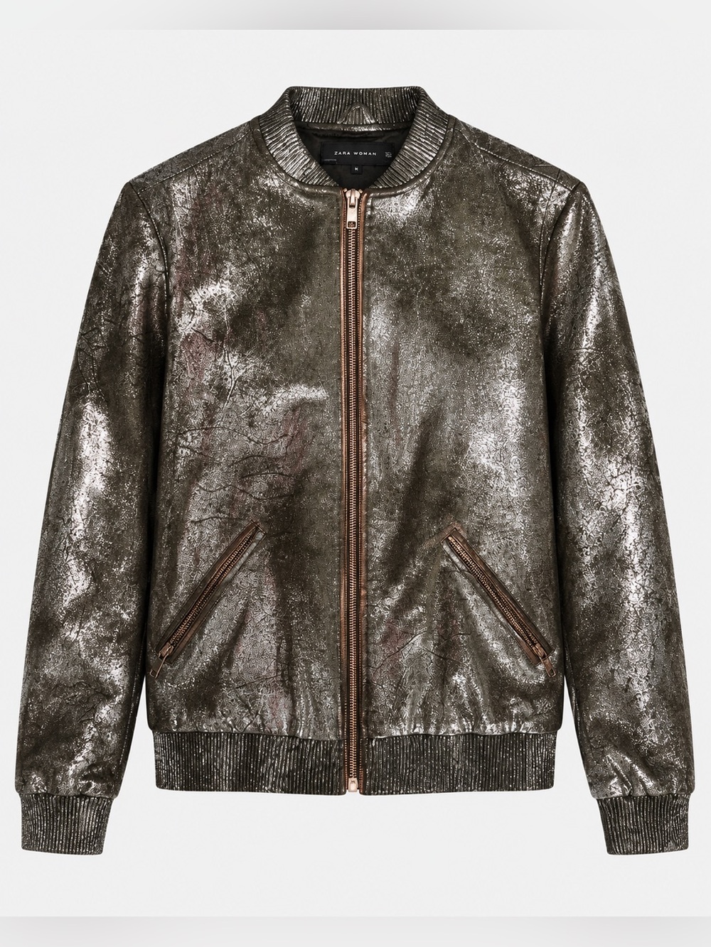 ZARA Woman Metallic Green-Silver Bomber Jacket with Satin Finish – XS – NWOT